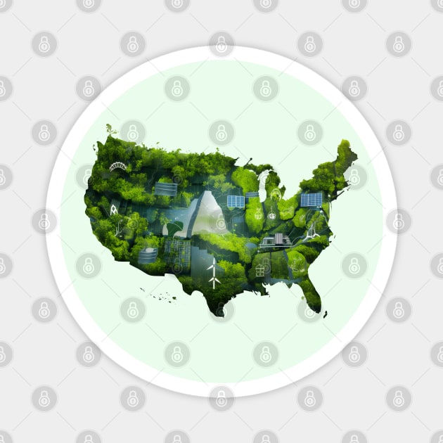 Green Map of America with Nature Trees Leaves Plants. Make America Green Again. Sustainability, Renewable Energy, Wind Solar. Save the Earth Go Green | Earth Day Awareness April 22 Magnet by Motistry
